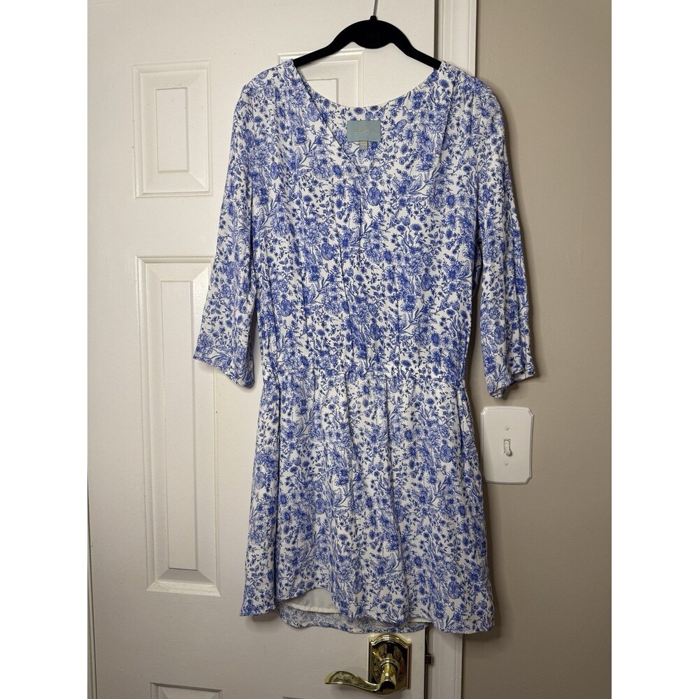 Skies Are Blue Blue White Floral Fit Flare Dress 3/4 Sleeve Women’s Size Small